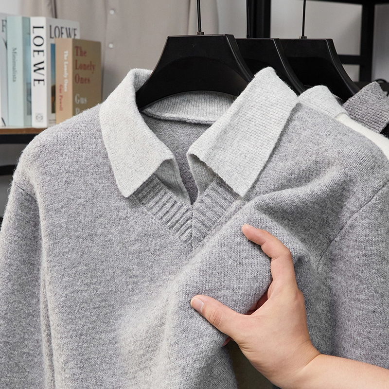 Autumn Winter New Men's Contrast Color Lapel Fake Two Piece Sweater Original Design Minimalist British Style Knitwear Men'swear