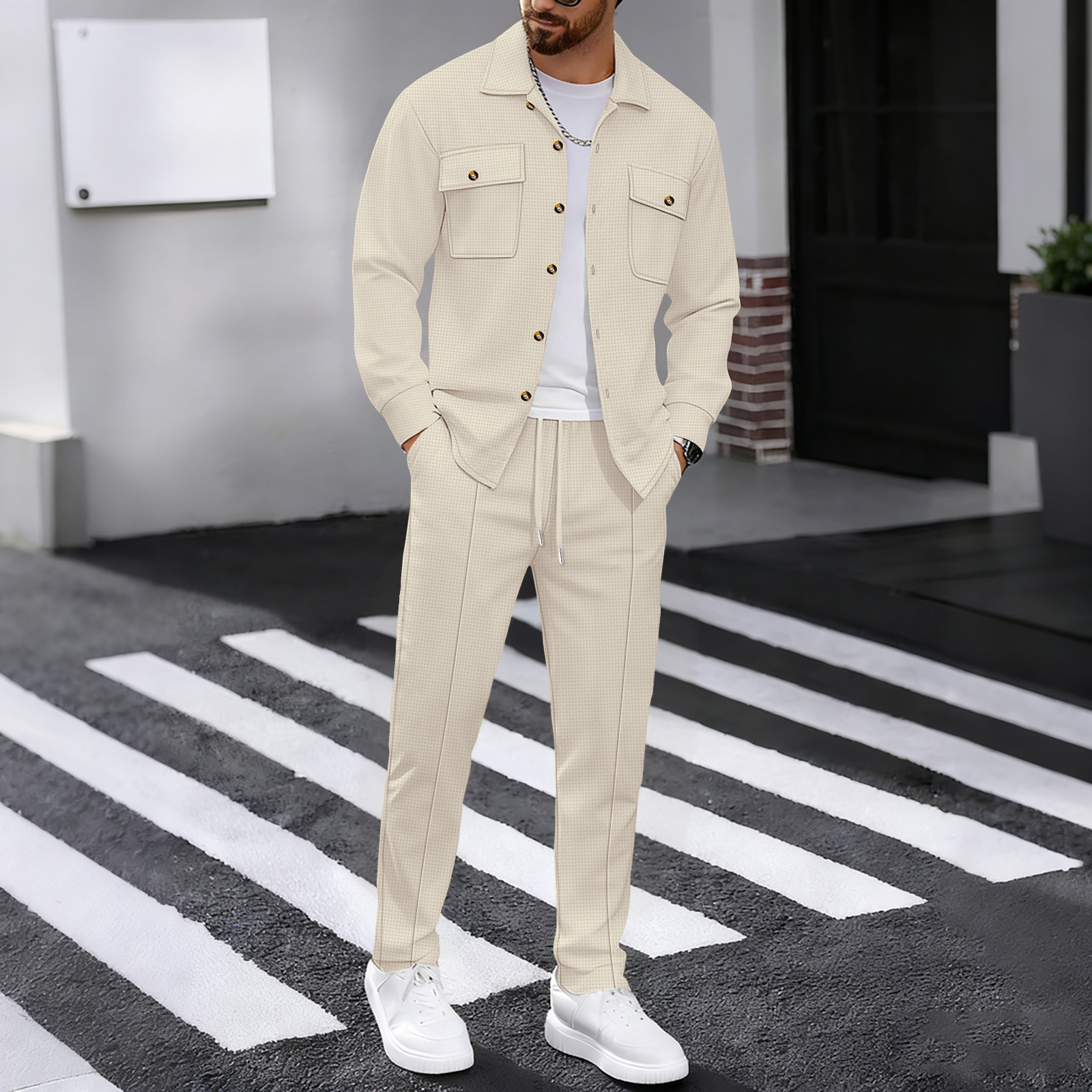New Men's Four Seasons Outdoor Trendy Casual Waffle Solid Color workwear Button Pocket Coat Collar Top Pants Two Piece Set